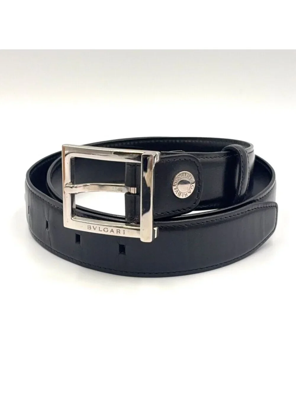 Bvlgari Square Buckle Leather Black Belt Silver